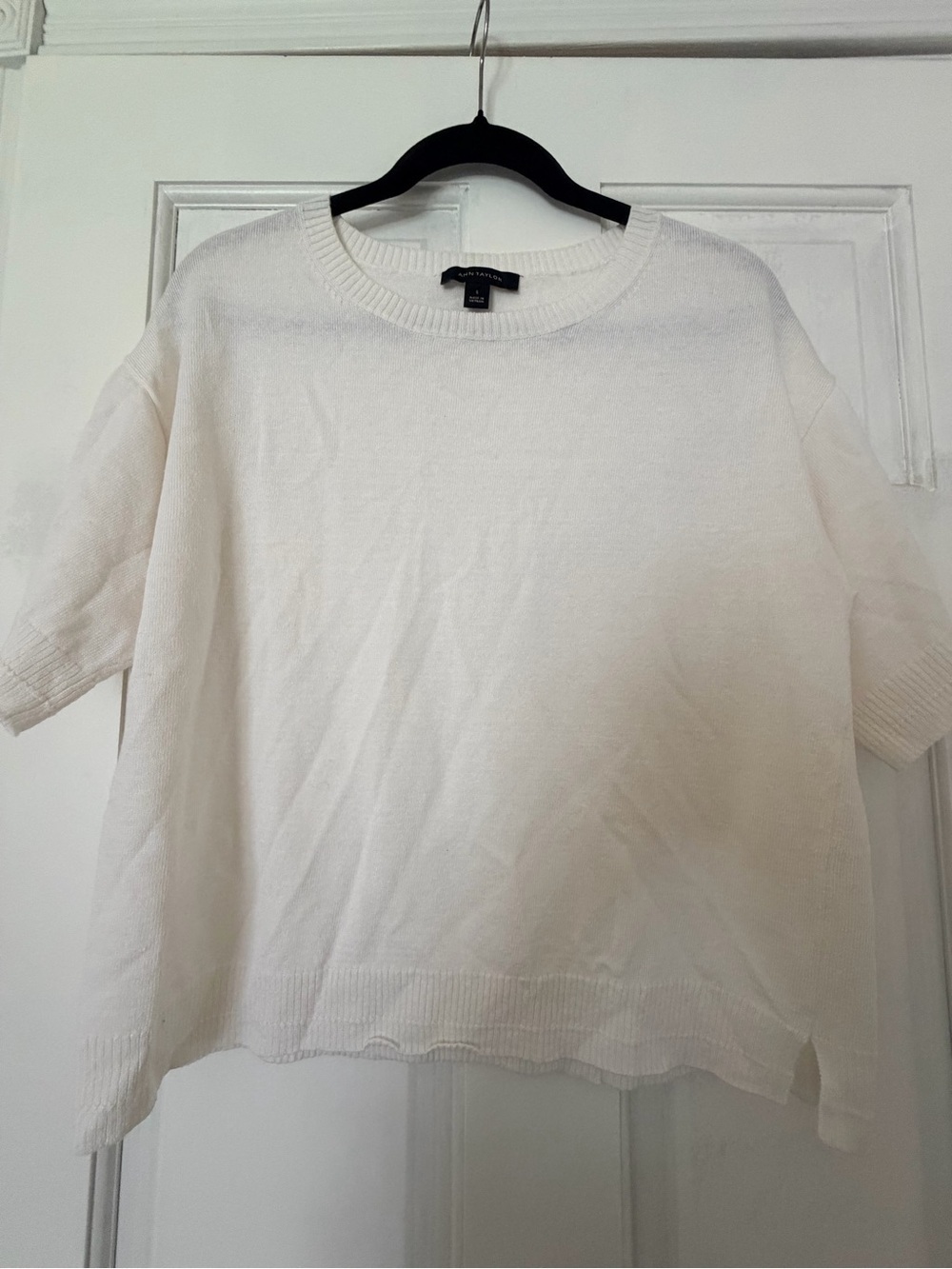 Ann Taylor White Scoopneck Ribbed Trim Linen Blend Sweater